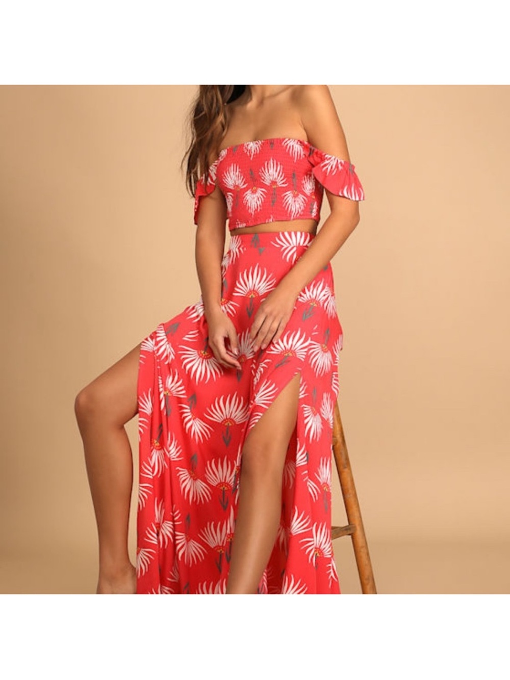 Lulu’s Transcoso Two Piece Coral Floral Maxi Dress